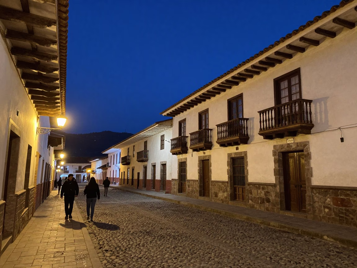 Midnight street scene in Cusco Peru with colonial architecture and local vendors in in Cusco, Peru