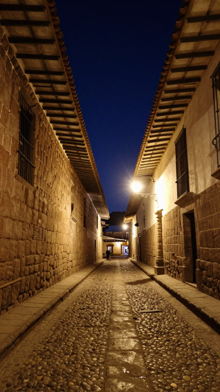 Midnight street scene in Cusco Peru with colonial stone architecture and local night life in in Cusco, Peru