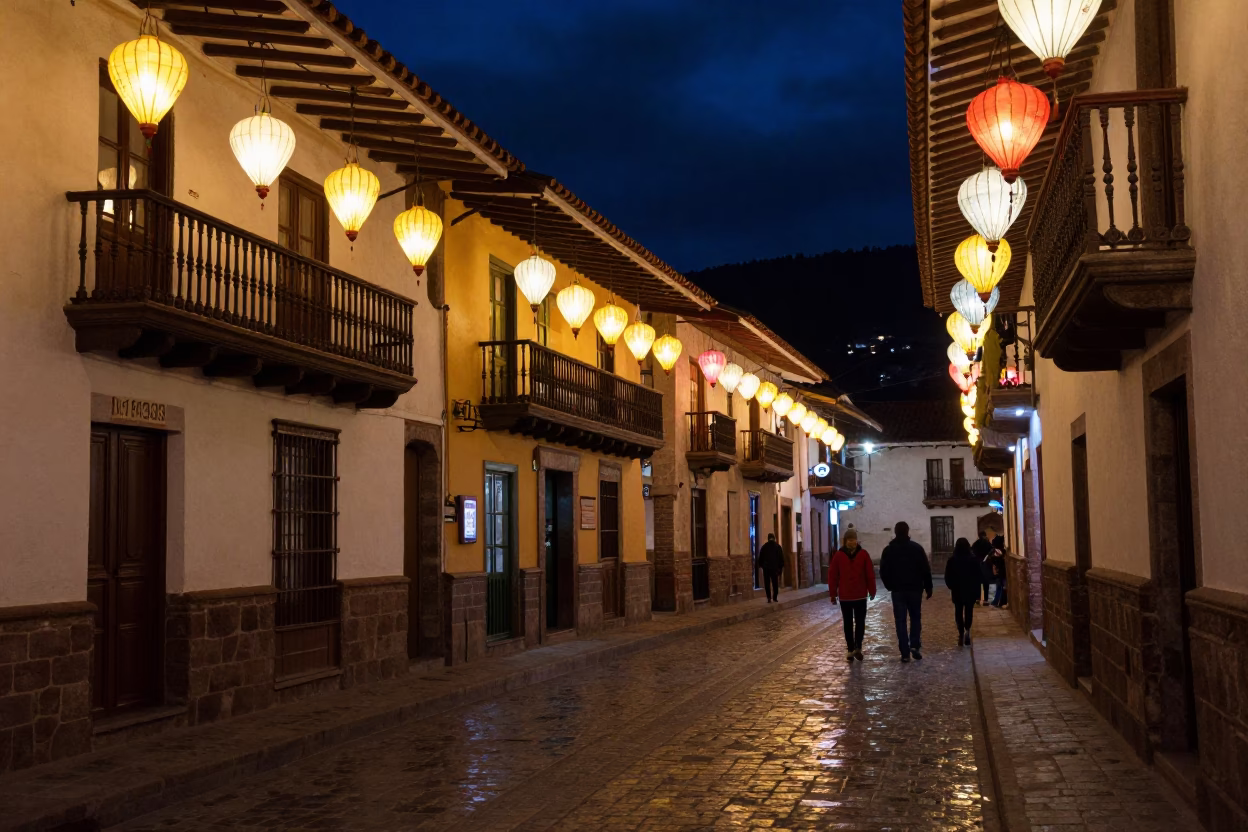 Midnight Street Scene in Cusco Peru with Colorful Lanterns and Local Life in in Cusco, Peru