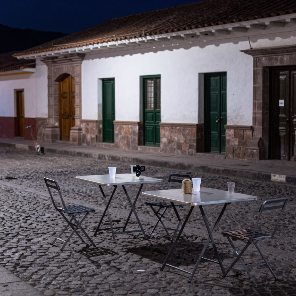 Midnight Street Scene in Cusco Peru with Folding Tables and Twine Fibers in in Cusco, Peru