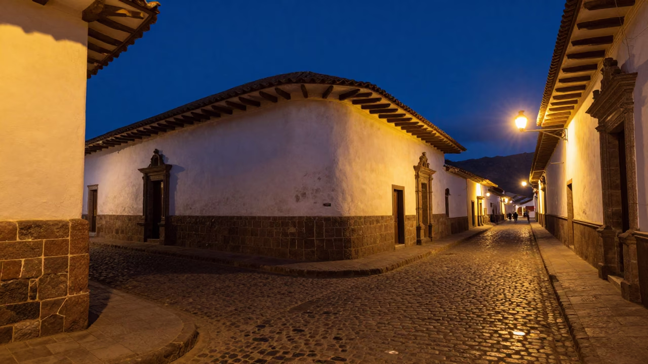 Midnight Street Scene in Cusco Peru with Linen Fringe and Plaster Shadows in in Cusco, Peru