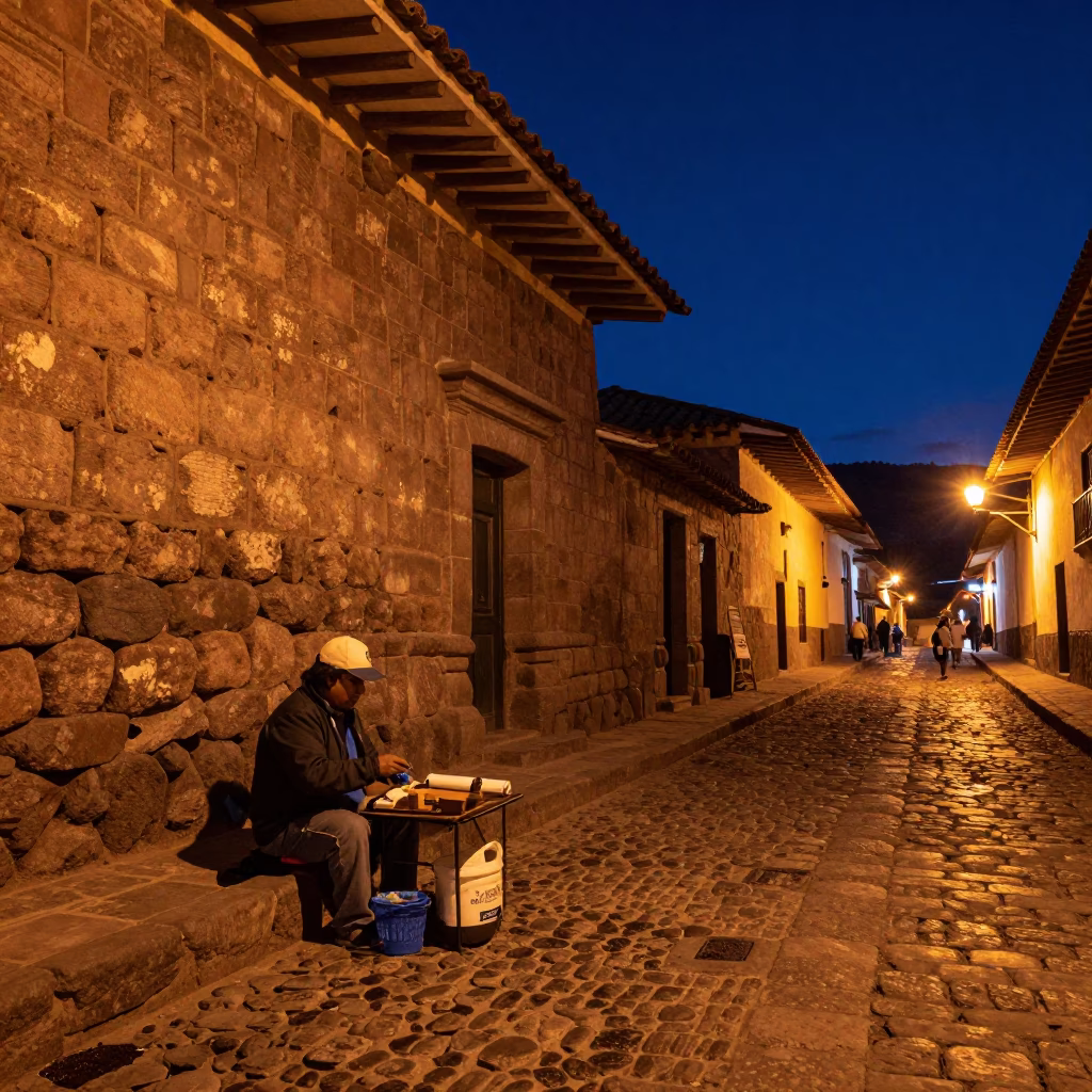 Midnight Street Scene in Cusco Peru With Local Vendor And Stone Architecture in in Cusco, Peru