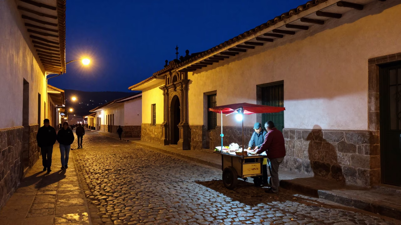 Midnight Street Scene in Cusco Peru with Local Vendor and Traditional Architecture in in Cusco, Peru