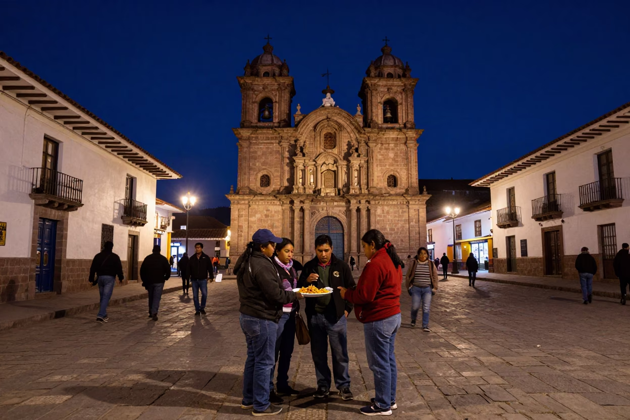 Midnight street scene in Cusco Peru with locals sharing plate of chilaquiles and baguettes in in Cusco, Peru