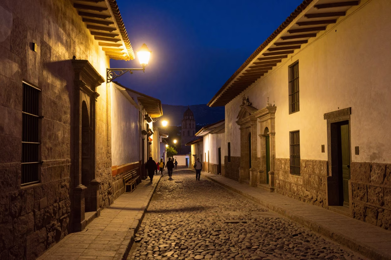 Midnight street scene in Cusco Peru with stone architecture and local night life in in Cusco, Peru