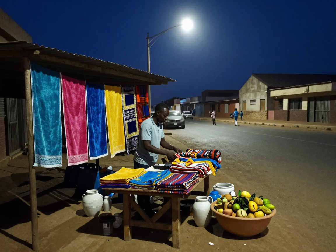 Midnight street scene in Dakar Senegal with drying towels and ceramic bowl in in Dakar, Senegal