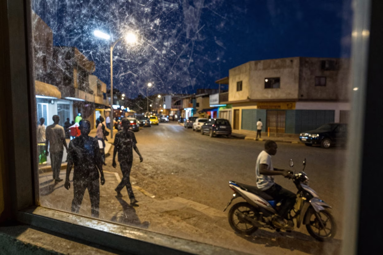 Midnight Street Scene in Dakar Senegal with Scuffed Window Glass and Local Nightlife in in Dakar, Senegal