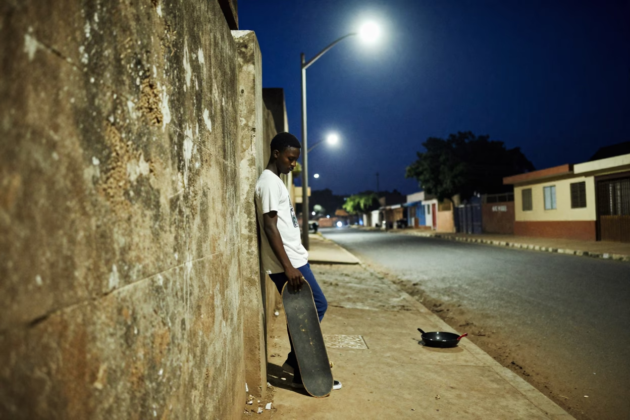 Midnight Street Scene in Dakar Senegal with Skateboard and Skillet in in Dakar, Senegal