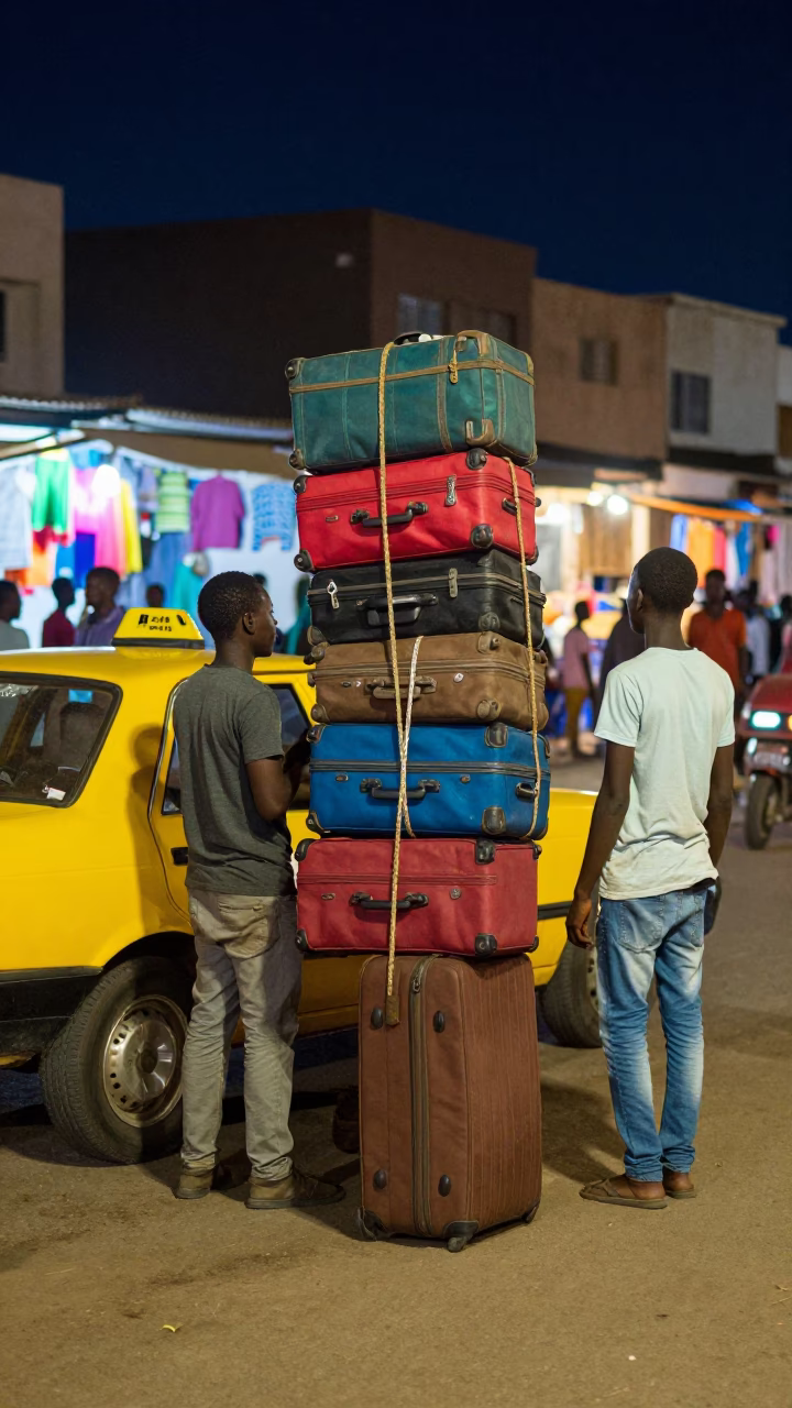 Midnight Street Scene in Dakar Senegal with Suitcases and Colorful Market Stalls in in Dakar, Senegal