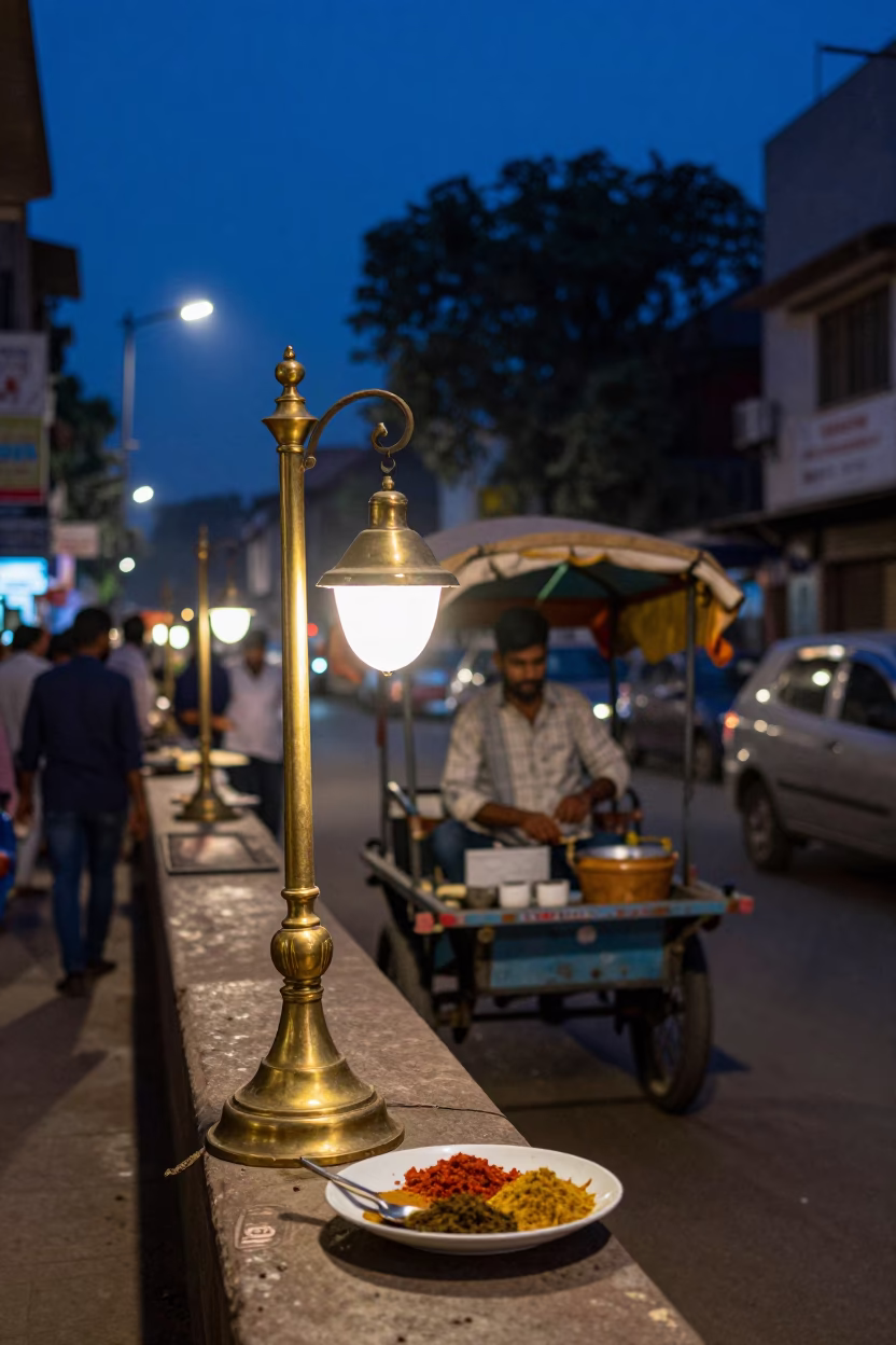 Midnight street scene in Delhi India with brass lamp and blue plate in in Delhi, India