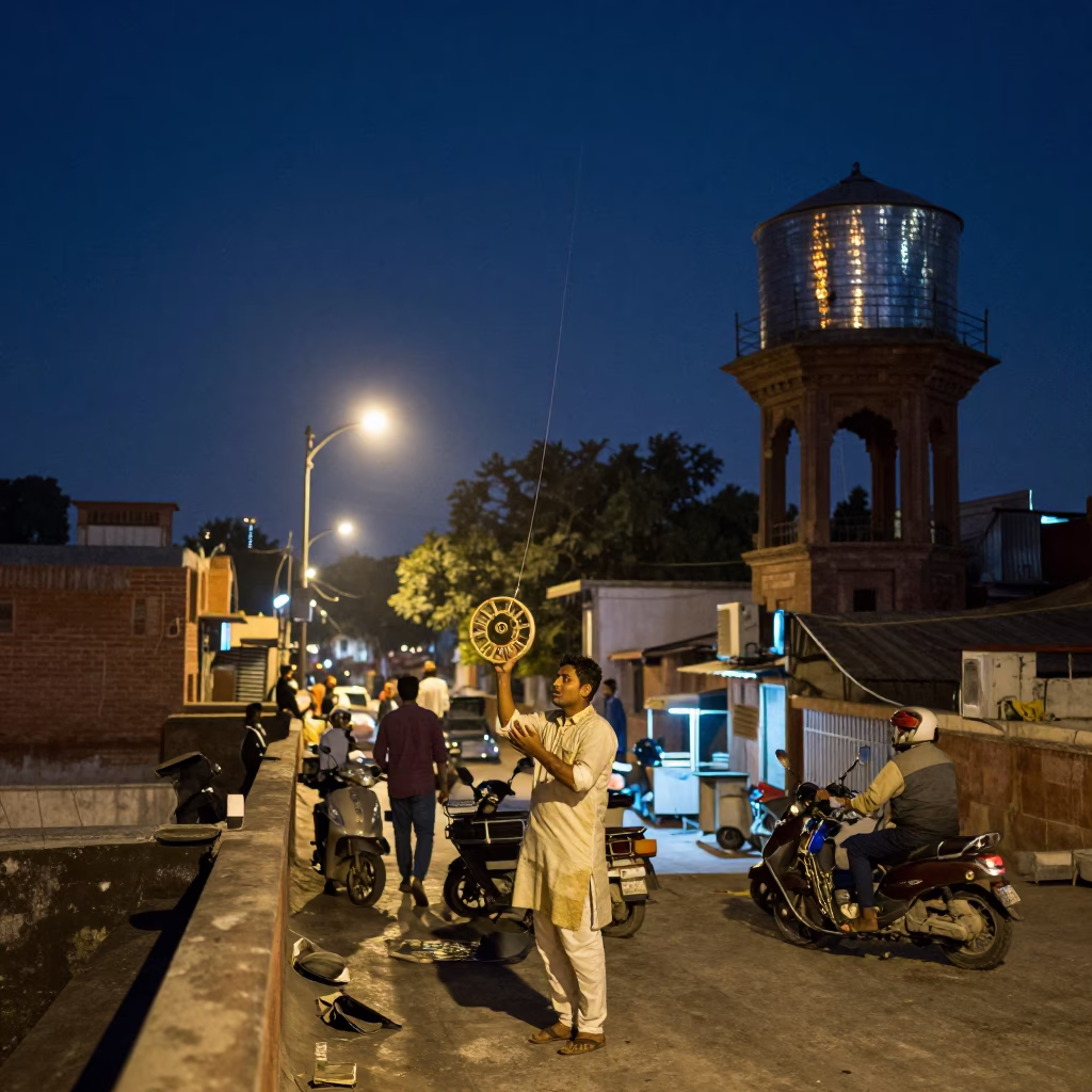 Midnight Street Scene in Delhi India with Kite Reel and Water Tower Rooftop in in Delhi, India