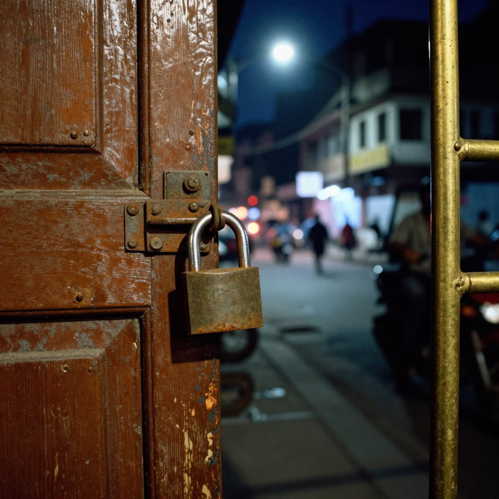 Midnight Street Scene in Delhi India with Padlock and Brass Frame at Night in in Delhi, India
