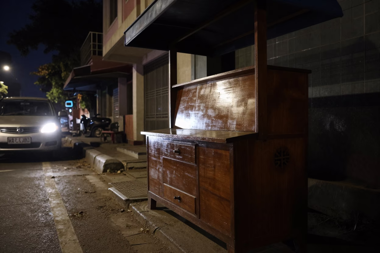 Midnight Street Scene in Delhi India with Valet Stand and Headlight Streaks in in Delhi, India