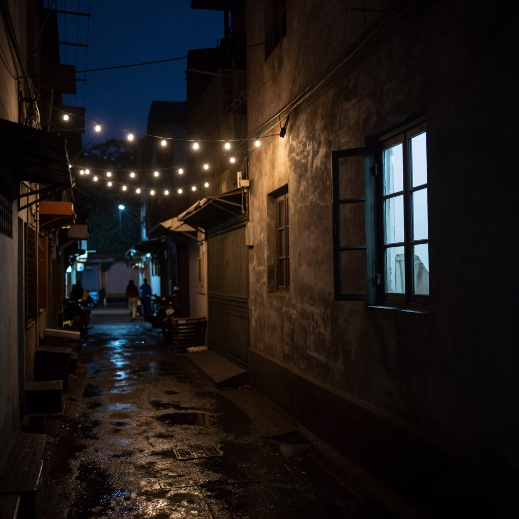 Midnight Street Scene in Delhi India with Window Light and String Lights in in Delhi, India