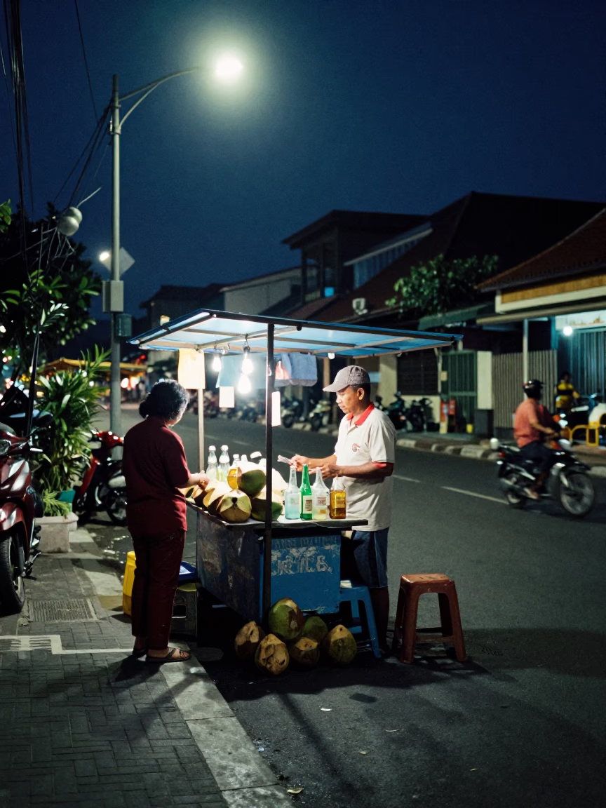 Midnight Street Scene in Denpasar Indonesia with Coconuts and Glass Bottles in in Denpasar, Indonesia