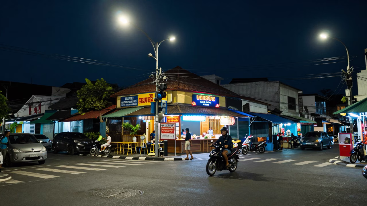 Midnight Street Scene in Denpasar Indonesia with Neon Lights and Local Interaction in in Denpasar, Indonesia