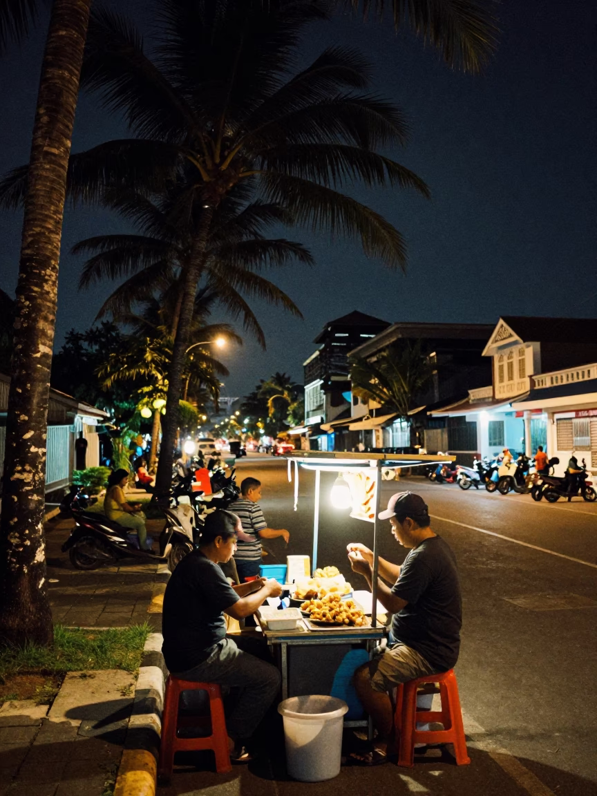 Midnight Street Scene in Denpasar Indonesia with Palm Trees and Local Food Vendor in in Denpasar, Indonesia