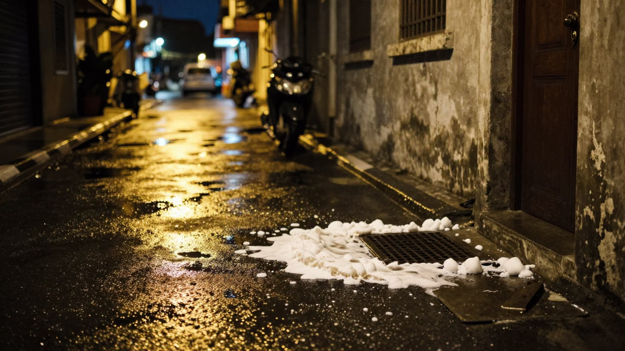 Midnight Street Scene in Denpasar Indonesia with Soap Residue and Iron Hook in in Denpasar, Indonesia
