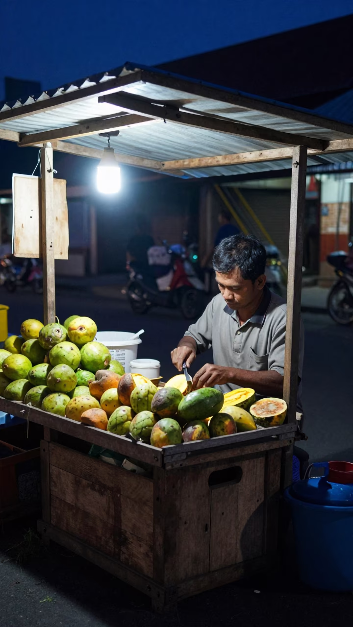 Midnight street scene in Denpasar Indonesia with wooden crate and fruit knife in in Denpasar, Indonesia