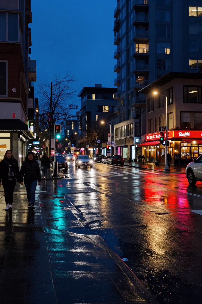 Midnight Street Scene in Downtown Vancouver with Wet Pavement and String Lights in in Vancouver, British Columbia, Canada