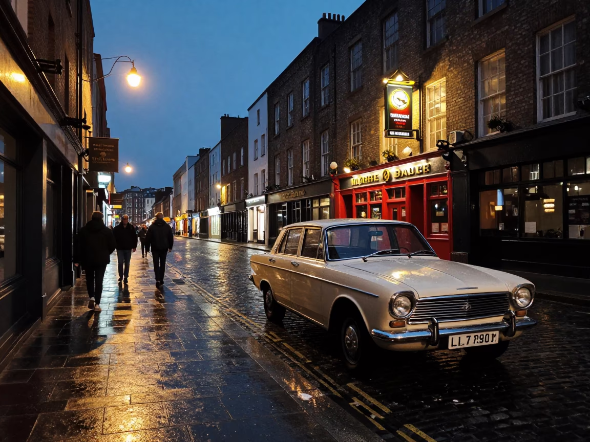 Midnight Street Scene in Dublin Ireland with Vintage Car and Neon Sign in in Dublin, Ireland