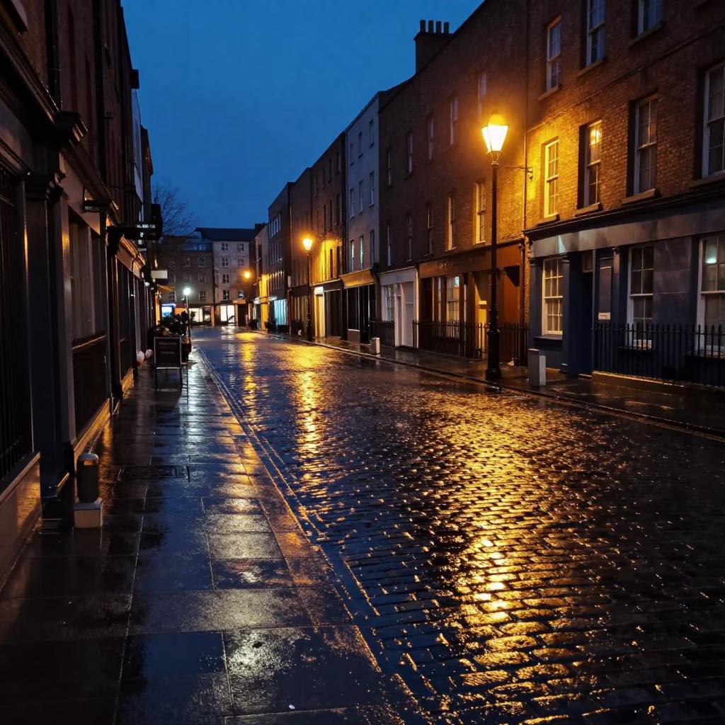 Midnight Street Scene in Dublin Ireland with Wet Pavement Reflections and Vintage Lamp Post in in Dublin, Ireland