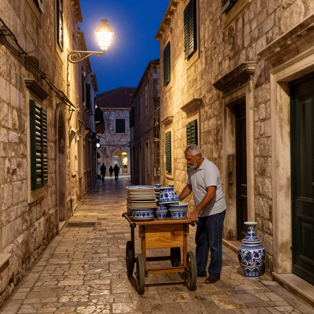 Midnight Street Scene in Dubrovnik Croatia with Blue Porcelain and Casters in in Dubrovnik, Croatia