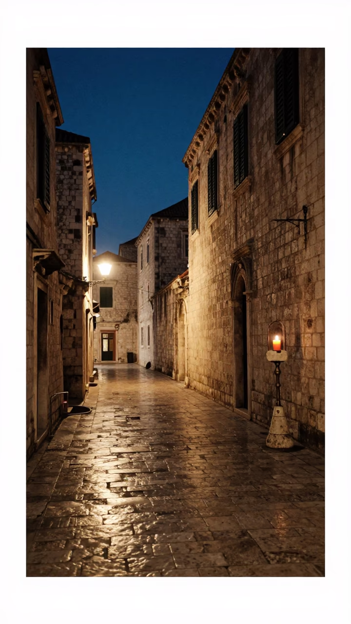 Midnight Street Scene in Dubrovnik Croatia with Candle Holder and Stone Architecture in in Dubrovnik, Croatia