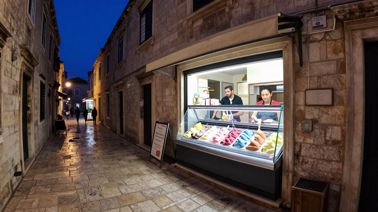 Midnight Street Scene in Dubrovnik Croatia with Gelato Display and Local Ambiance in in Dubrovnik, Croatia