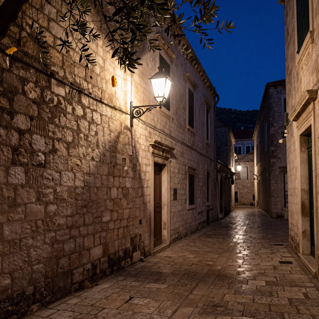 Midnight Street Scene in Dubrovnik Croatia With Glowing Lantern and Leaf Shadows in in Dubrovnik, Croatia