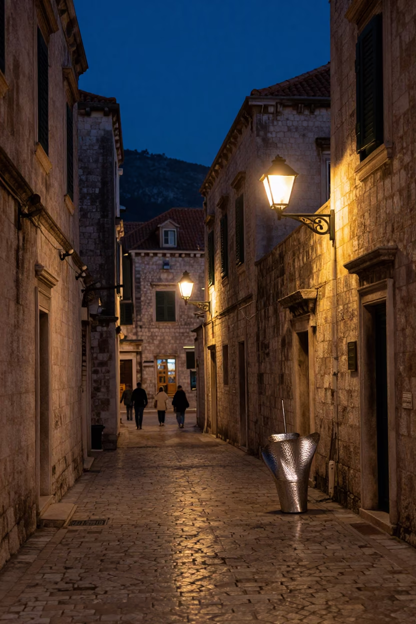 Midnight Street Scene in Dubrovnik Croatia with Hammered Metal and Cobblestone Architecture in in Dubrovnik, Croatia