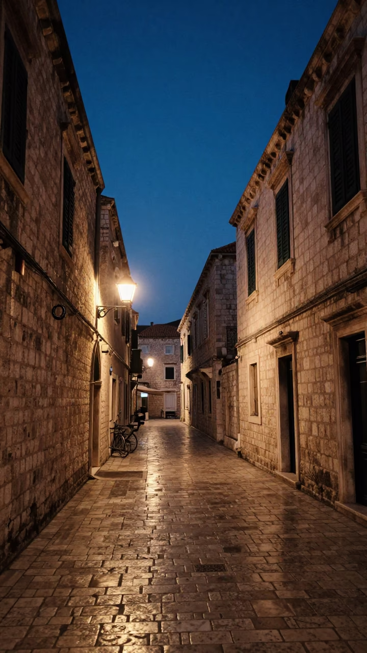 Midnight Street Scene in Dubrovnik Croatia with Horseshoe Magnet and Pepper Mill in in Dubrovnik, Croatia