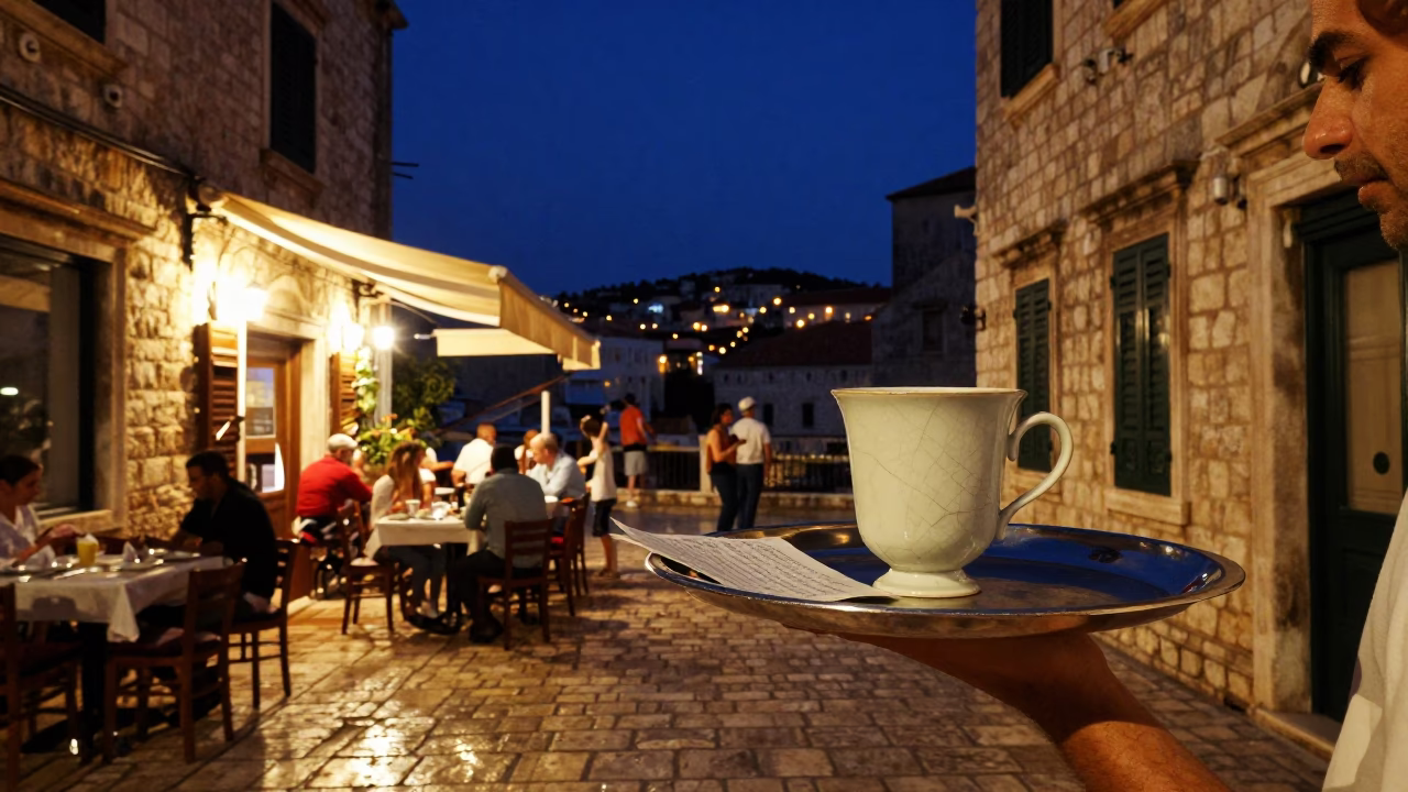 Midnight Street Scene in Dubrovnik Croatia with Porcelain Cups and Letter Tray in in Dubrovnik, Croatia