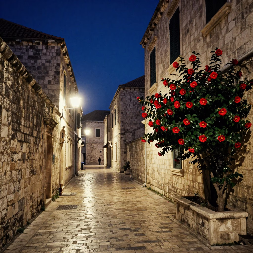 Midnight Street Scene in Dubrovnik Croatia with Red Camellia Flowers in in Dubrovnik, Croatia