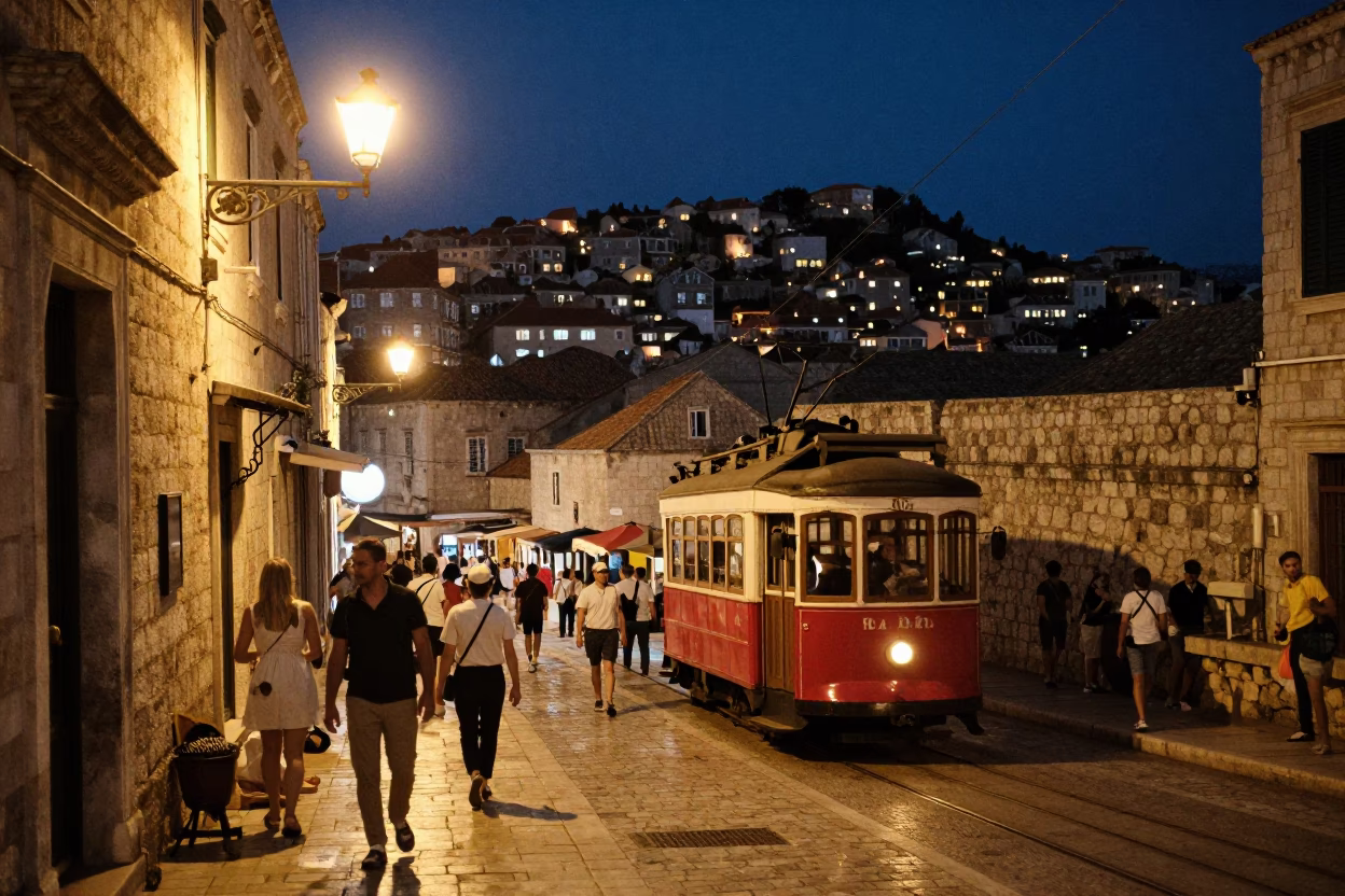 Midnight Street Scene in Dubrovnik Croatia with Vintage 1950s Color Photography in in Dubrovnik, Croatia