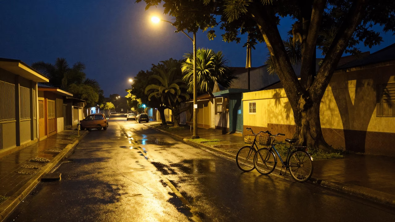 Midnight street scene in Durban South Africa with bicycle and monkey puzzle tree shadows in in Durban, South Africa