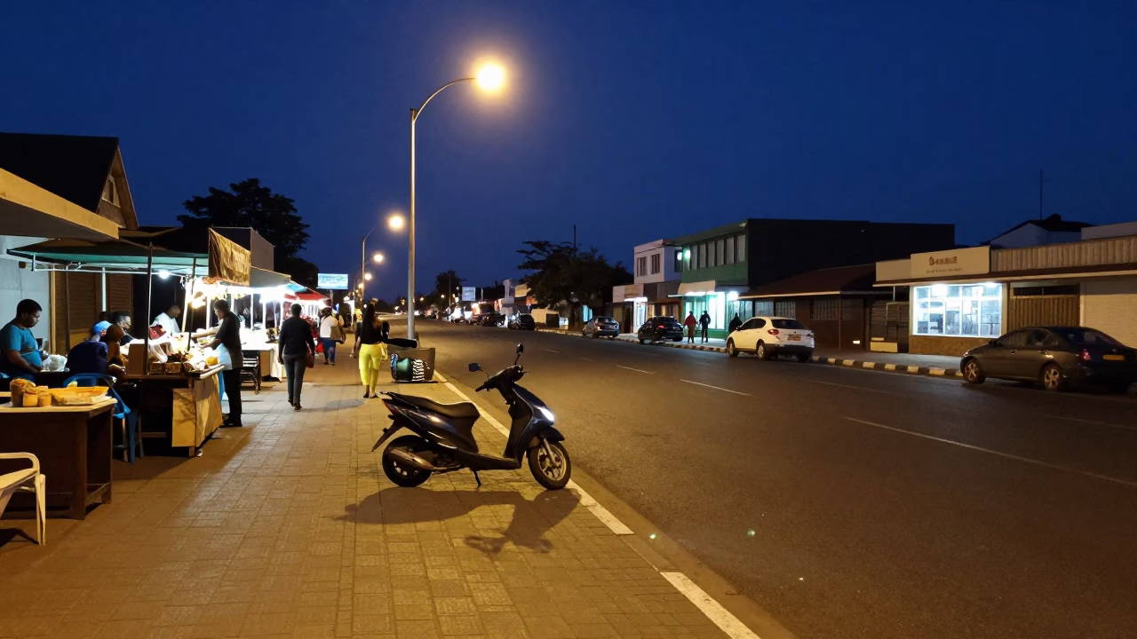 Midnight Street Scene in Durban South Africa with Local Food and Scooter in in Durban, South Africa