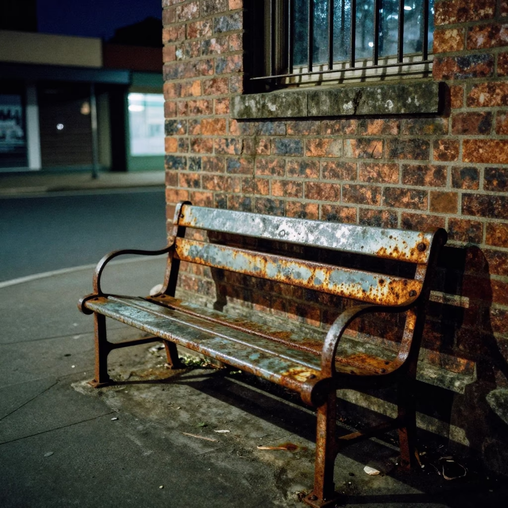 Midnight Street Scene in Durban South Africa with Rusty Bench and Glass Bottle in in Durban, South Africa
