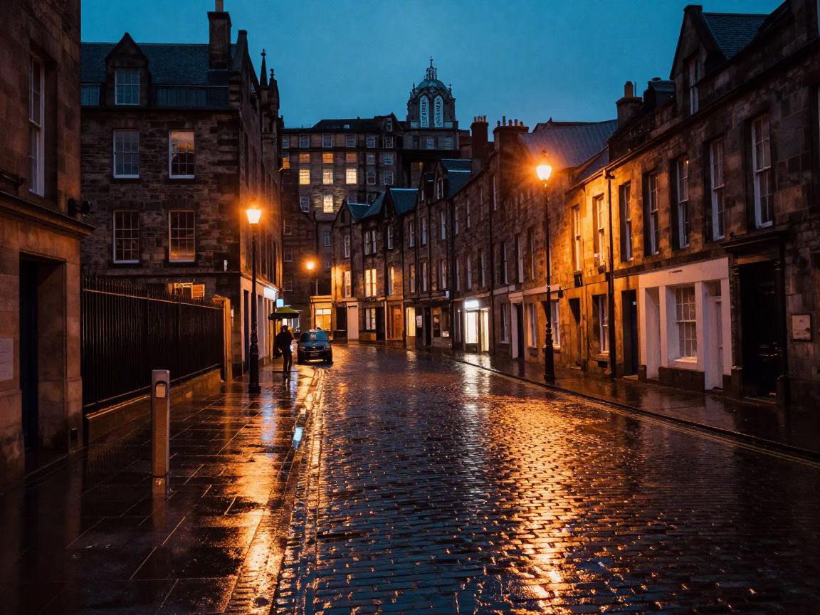 Midnight Street Scene in Edinburgh Scotland With Scratched Acrylic and Olives in in Edinburgh, United Kingdom