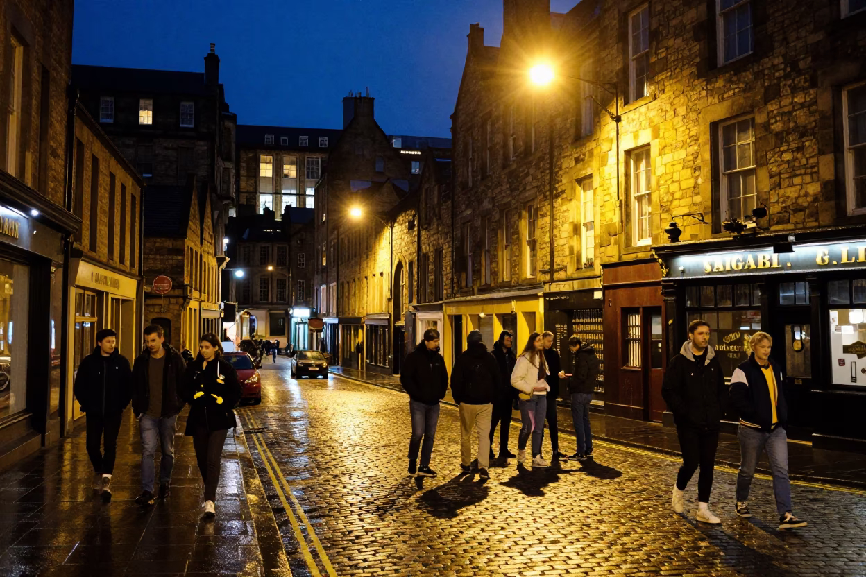 Midnight Street Scene in Edinburgh United Kingdom with Urban Life and Night Activity in in Edinburgh, United Kingdom