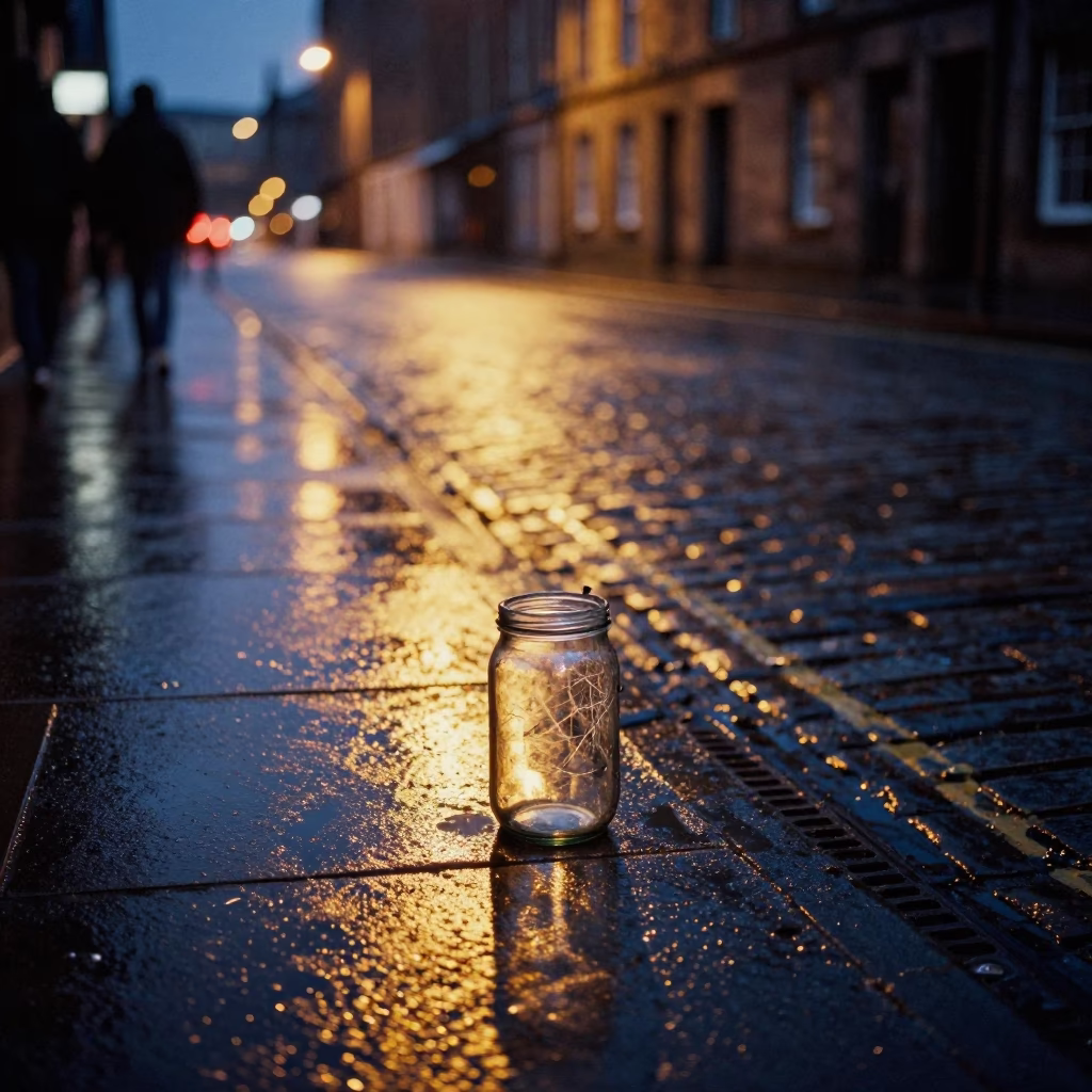 Midnight Street Scene in Edinburgh with Glass Jar and Scratched Tile in in Edinburgh, United Kingdom