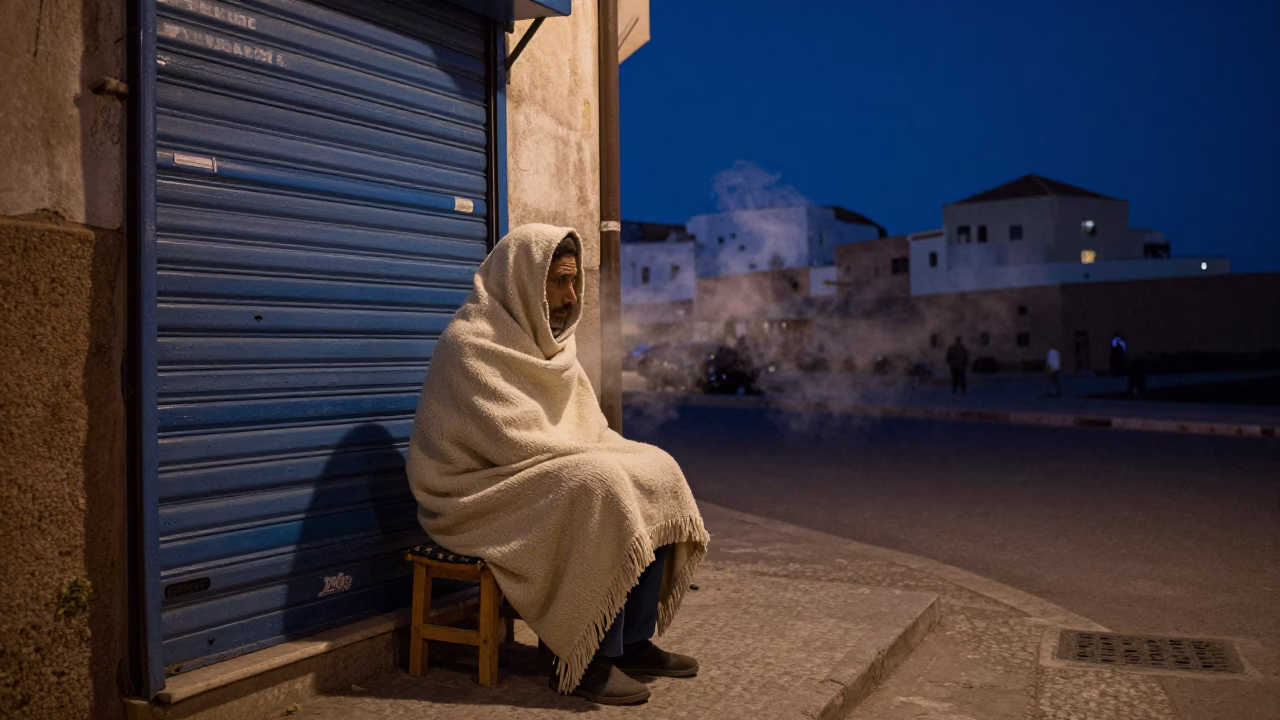 Midnight Street Scene in Essaouira Morocco with Blanket and Steam Haze in in Essaouira, Morocco