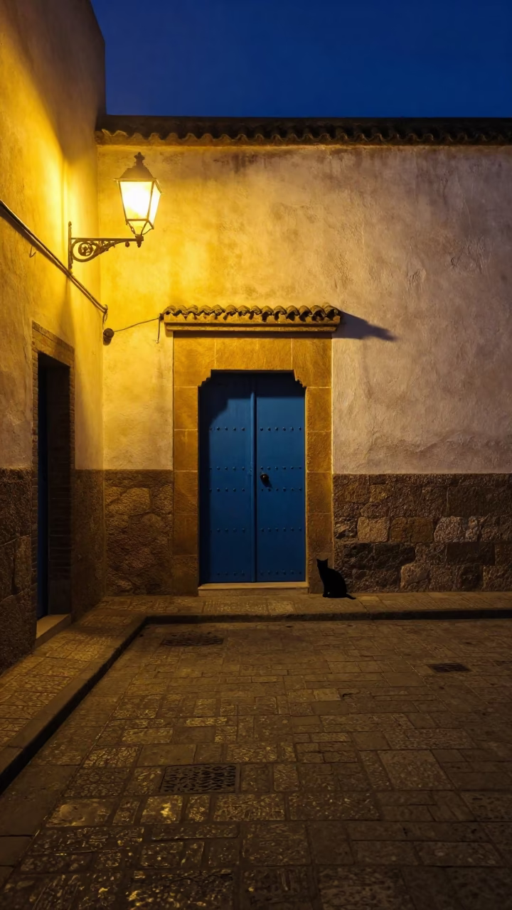 Midnight Street Scene in Essaouira Morocco with Blue Door and Lantern in in Essaouira, Morocco