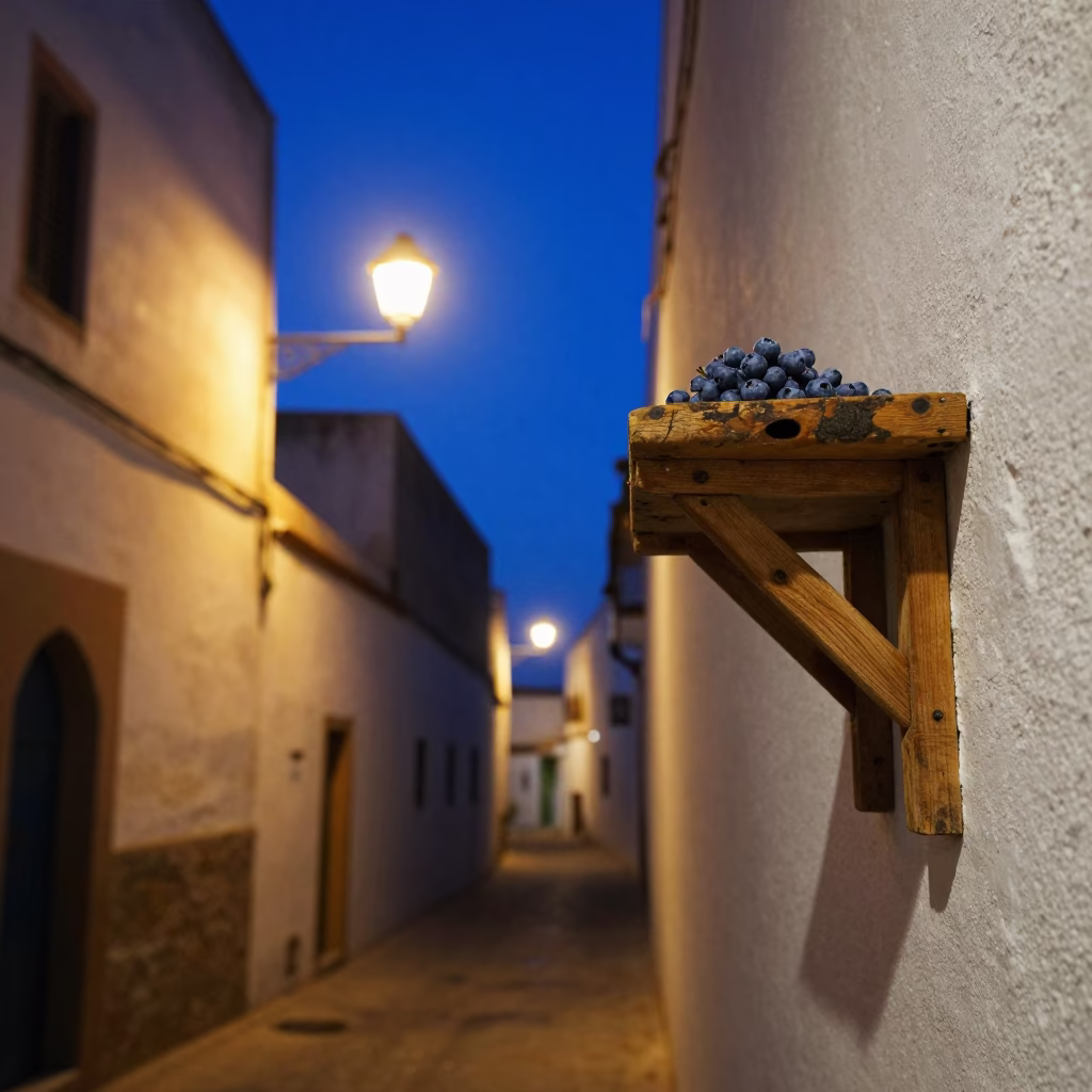 Midnight Street Scene in Essaouira Morocco with Blueberries and Shelf Bracket in in Essaouira, Morocco