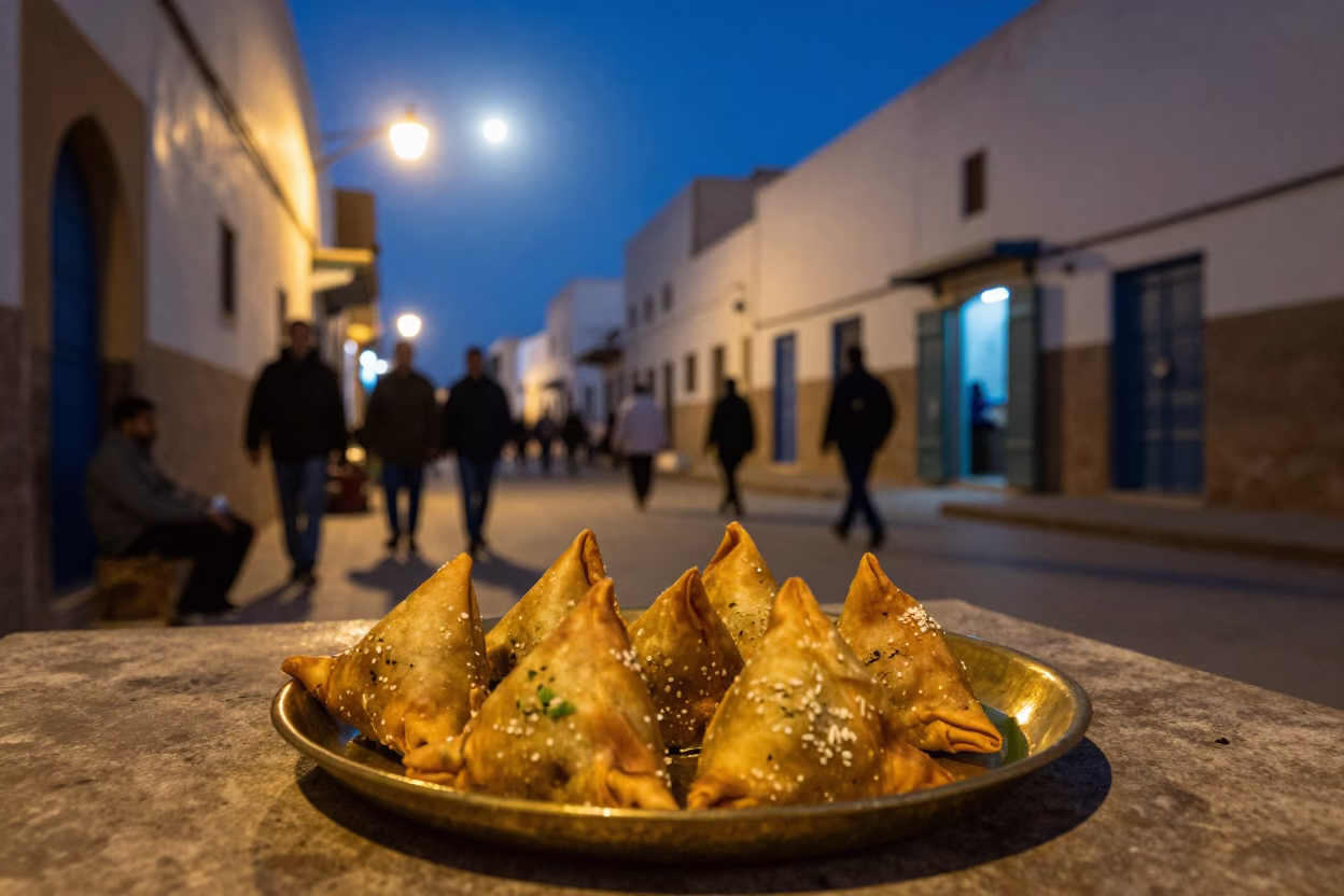 Midnight Street Scene in Essaouira Morocco with Brass Tray of Samosas and Local Nightlife in in Essaouira, Morocco