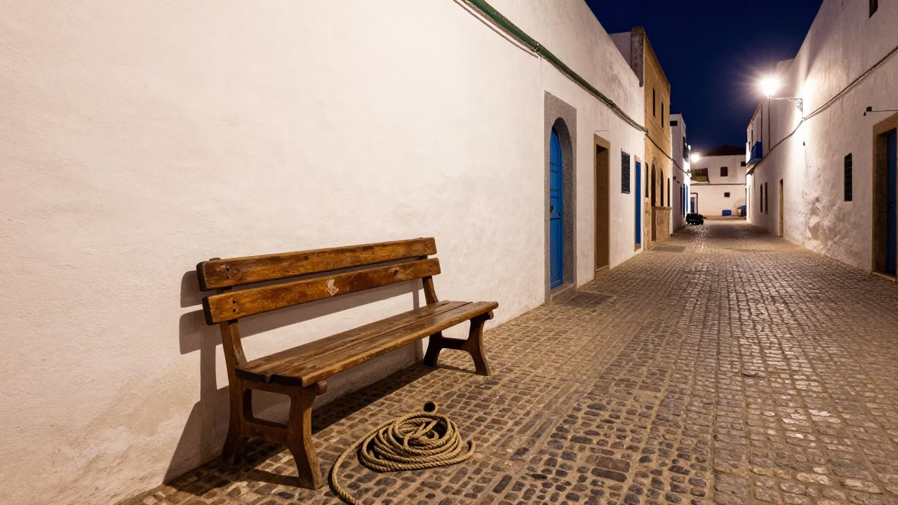 Midnight Street Scene in Essaouira Morocco with Coiled Rope and Cobblestones in in Essaouira, Morocco