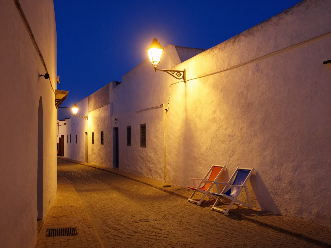 Midnight Street Scene in Essaouira Morocco with Colorful Deck Chairs and Local Life in in Essaouira, Morocco