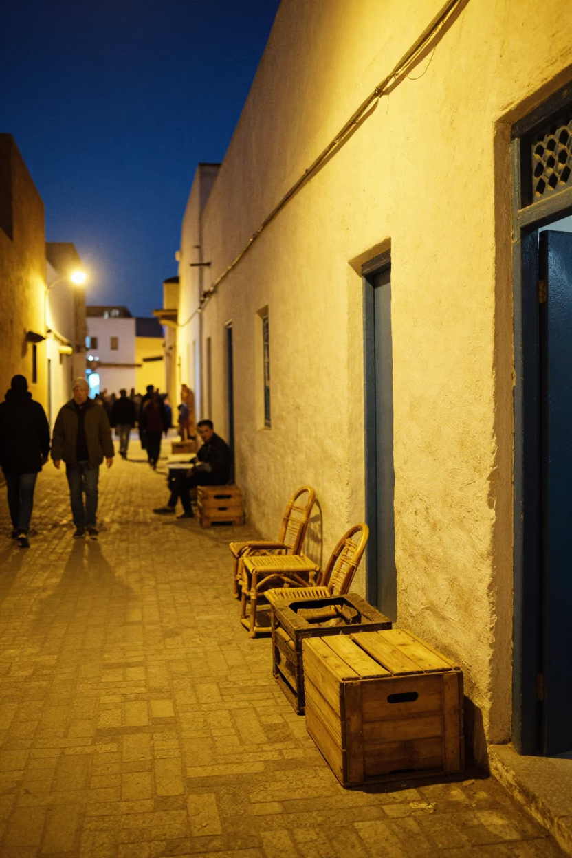 Midnight Street Scene in Essaouira Morocco with Crate and Rattan Chair in in Essaouira, Morocco