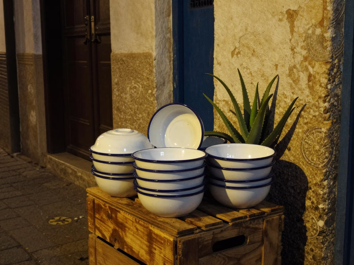 Midnight Street Scene in Essaouira Morocco with Enamel Bowls and Aloe Vera Plant in in Essaouira, Morocco