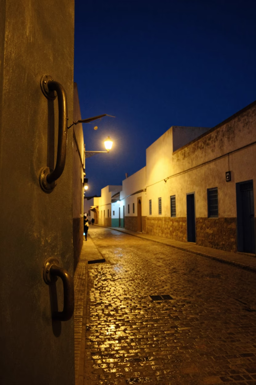 Midnight Street Scene in Essaouira Morocco With Gate Handle And Wind in in Essaouira, Morocco